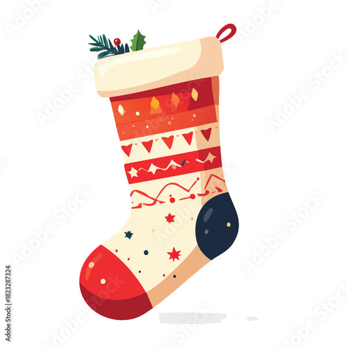 A colorful and festive Christmas stocking adorned with holiday patterns, bells, stars, and a sprig of holly, ready for gifts.