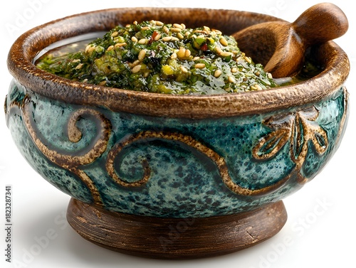 Close up of vibrant green pesto sauce with sesame seeds in a decorative ceramic bowl alongside a wooden spoon, isolated against white background.