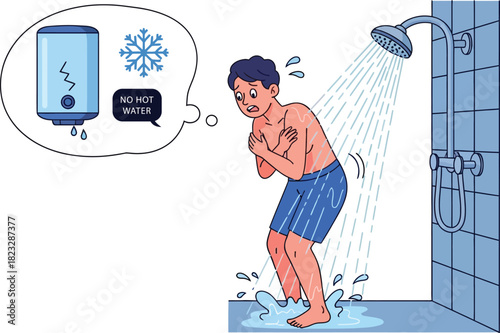 Man shivering in cold shower with water heater and snowflake thought bubbles flat stylish illustration concept in vector form