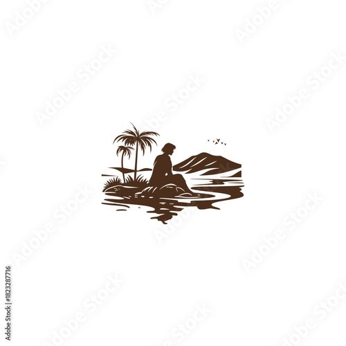 vintage engraving illustration depicting a robed, solitary figure sitting on the shore or desert sand beside a single palm tree, gazing at the distant landscape