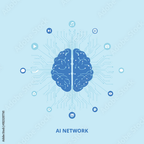 Flat vector AI brain with cables reaching to various apps on soft blue background.eps
