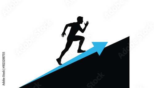 Silhouette of a man running up an arrow symbolizing career growth and success illustration on white background