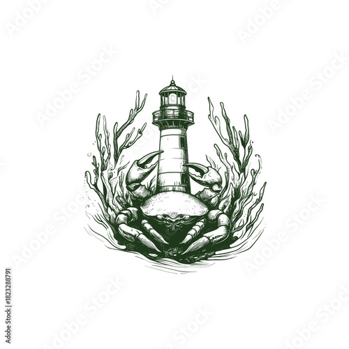 vintage engraving illustration, depicting a large crab at the base of a tall lighthouse, surrounded by marine coral and seaweed