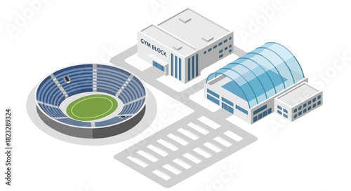 Isometric illustration of a sports stadium, gym, and indoor sports arena with parking lot