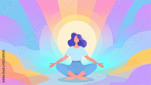 Calm Woman Meditating in Colorful Dreamlike Landscape with Radiant Sun and Pastel Skies