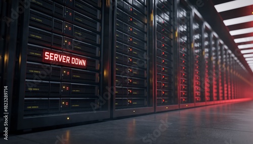 Server racks in a dark data center displaying 'SERVER DOWN' in red, indicating a critical system failure, concept for IT infrastructure, network security, and disaster recovery.