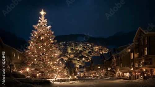 Set against a snowy hamlet and a vista of northern lights, this decorated outdoor Christmas tree glows with yellow lights, red, and gold ornaments beneath a star-topped crown, creating a wonderful win