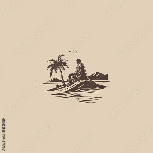 vintage engraving illustration depicting a robed, solitary figure sitting on the shore or desert sand beside a single palm tree, gazing at the distant landscape