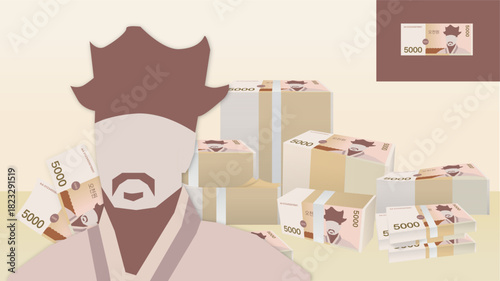 Korean 5000 won banknote with character illustration