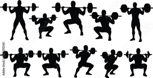 Black silhouette vector set of athletes performing barbell squats in multiple positions, strength training exercise poses, gym workout illustration
