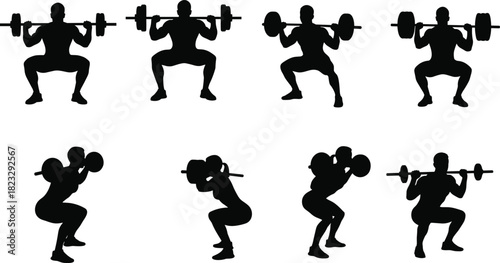 Black silhouette vector set of athletes performing barbell squats with wide and narrow stances, strength training gym workout illustration