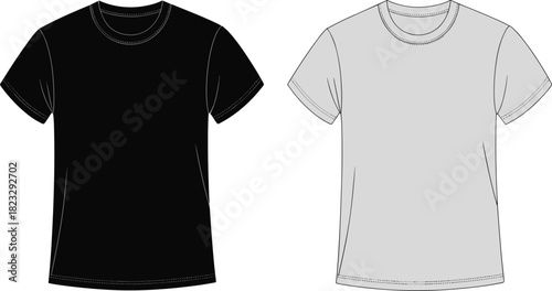Black t shirt, gray t shirt, plain crew neck, short sleeve apparel, fashion flat sketch, clothing template, cad drawing flat vector illustration