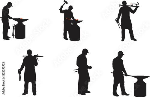 Blacksmith silhouettes working with hammer, anvil, tongs, trumpet, traditional metalworking, craftsman forging steel, industrial worker, vintage labor, artisan 