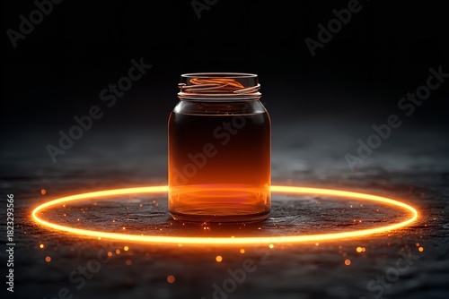 Illuminated jar of honey glowing softly in a dark room with an enchanting aura of light