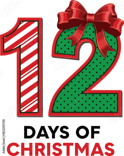 12 Days of Christmas Typography, Advent Countdown, Holiday Bow, Candy Cane Stripe, Festive Calendar, December Celebration, Vector Design