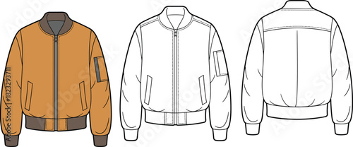 Brown bomber jacket with zipper, sleeve pocket, front and back view, garment fashion design, clothing illustration