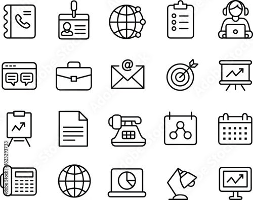 Business and communication icons set, including calendar, globe, email, telephone, checklist, briefcase, laptop, target, desk lamp, graph, document, headset