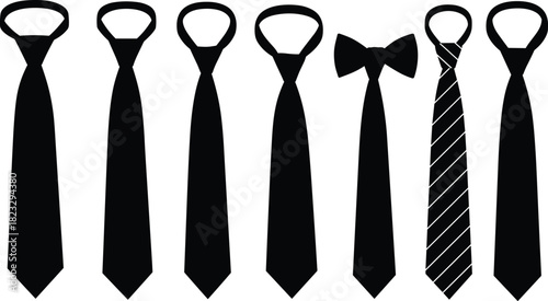 Business necktie silhouettes, bow tie, striped tie, formal fashion accessories, professional office wear, elegant men’s clothing, vector illustration design set