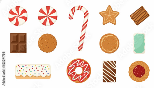 Collection of various sweets and treats, including candies, cookies, and chocolate bars.