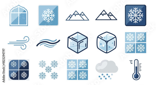 Collection of winter themed icons in blue and white.
