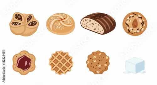 A diverse collection of illustrated bakery items including bread, rolls, cookies, and a sugar cube.