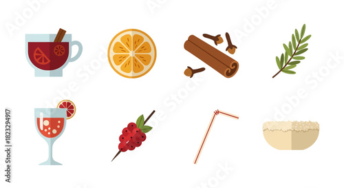 Collection of various drink ingredients and garnishes including mulled wine, orange, cinnamon, cloves, rosemary, cocktail, berries, straw, and cream.