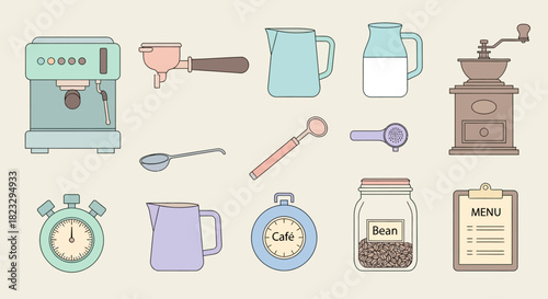 Collection of coffee-making equipment and accessories, including espresso machine and grinder.