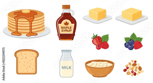 A collection of breakfast foods including pancakes, syrup, butter, fruit, toast, milk, oatmeal, and nuts.