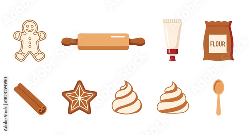 A collection of vector icons for baking Christmas gingerbread cookies, including ingredients and tools.