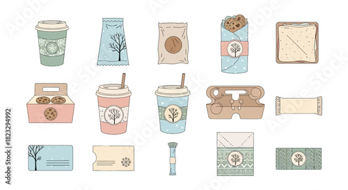 Collection of eco-friendly packaging designs for food and drinks, featuring minimalist illustrations and natural colors.