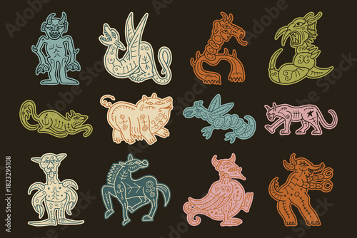 Medieval bestiary style hand drawn mythological creatures and monsters set
