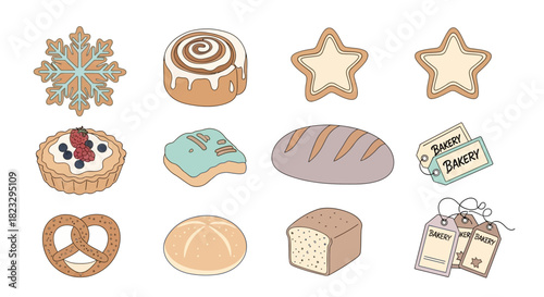 A charming collection of illustrated bakery items including bread, pastries, cookies, and tags on a white background.