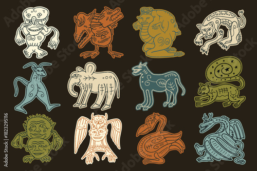 Medieval bestiary style hand drawn mythological creatures and monsters set