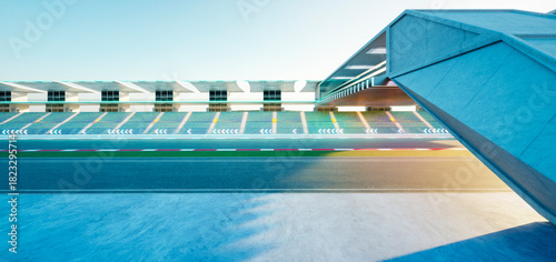 3d rendering empty racing track stadium with grandstands and pedestrian bridge