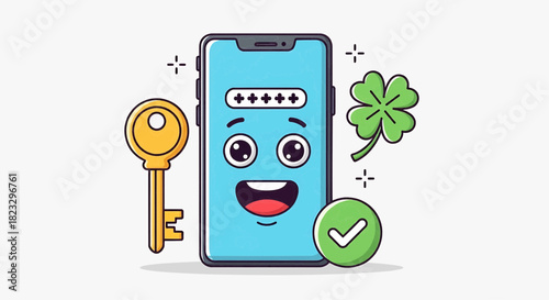 Cartoon smartphone with smiling face and key symbolizing secure login on transparent background illustration from front view