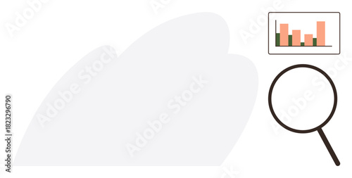 Magnifying glass examining a bar graph with ascending bars. Ideal for analysis, insights, business growth, data research, focus, exploration, statistics. Simple flat metaphor