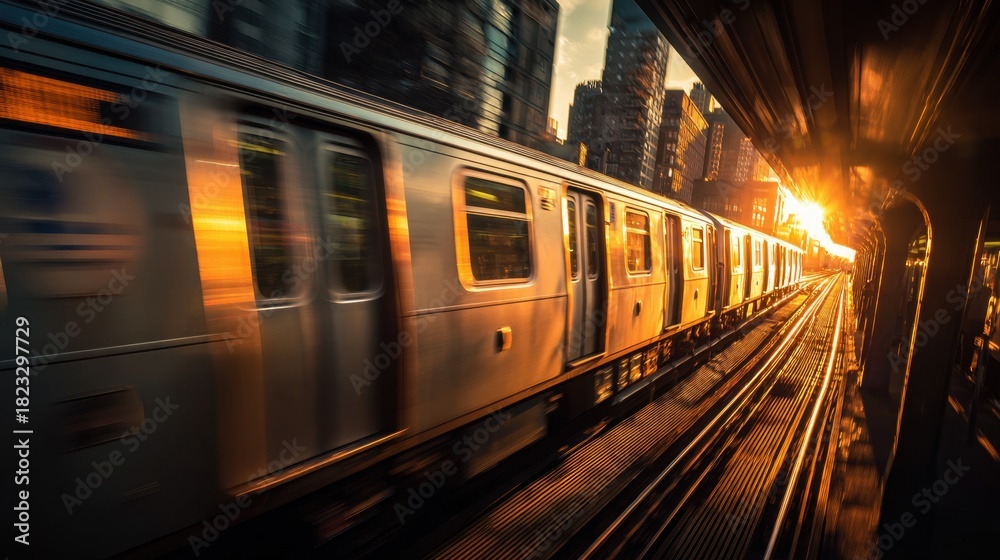 Fototapeta premium Urban Subway Train Moving Through City at Sunset with Bright Sunlight and Modern Skyscrapers