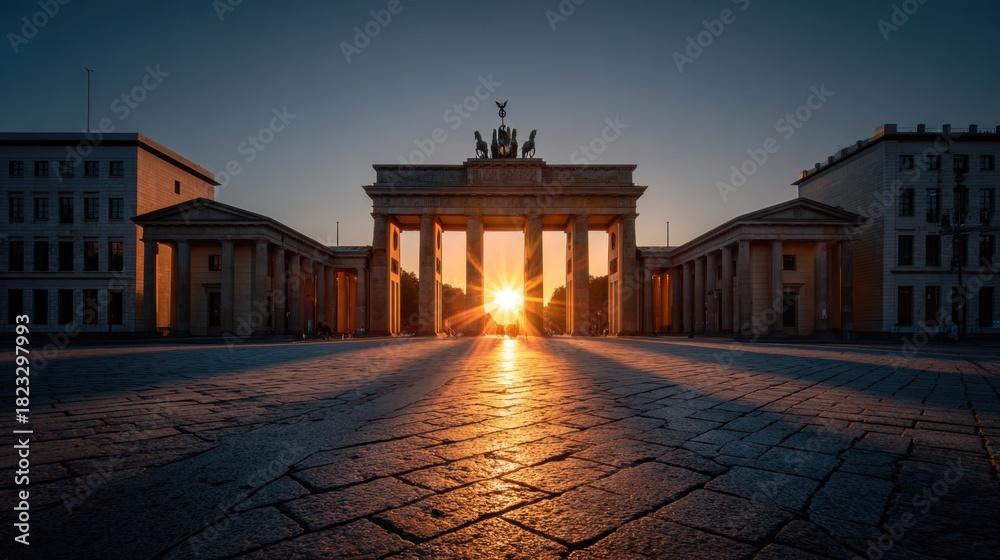Obraz premium Historical Landmark with Sunrise Sunburst Behind Iconic Gate in Berlin