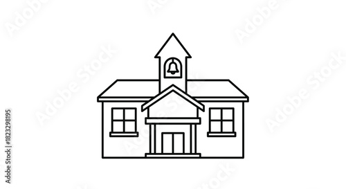 Classic schoolhouse outline drawing with bell tower and windows ideal for education designs and back to school campaigns with a nostalgic feel, Generative AI.