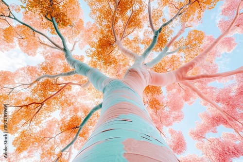 Colorful autumn tree branches create a stunning canopy against a bright blue sky inviting wonder and admiration