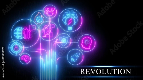 Neon Revolution Tree of Change and Innovation with Global and Technological Icons brain