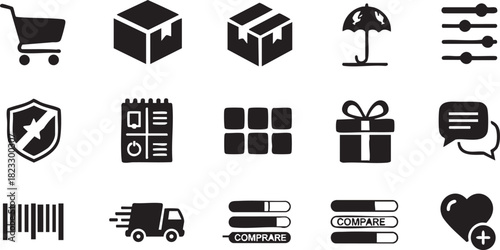 Set of black and white ecommerce, shopping, and delivery vector icons for web and app design