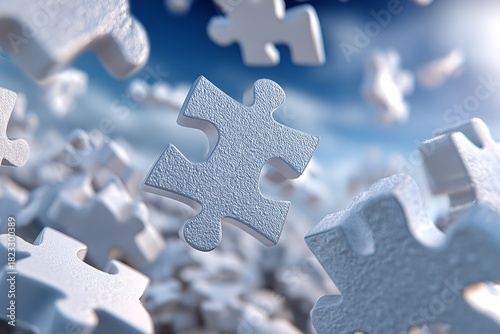 Floating white puzzle pieces create a dreamlike atmosphere in an endless blue sky with clouds during a serene afternoon