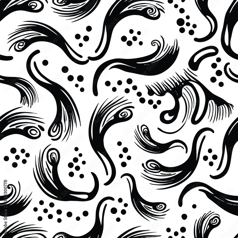 Fototapeta premium Black Ink Swirls and Dots Seamless Pattern on White Background abstract brush