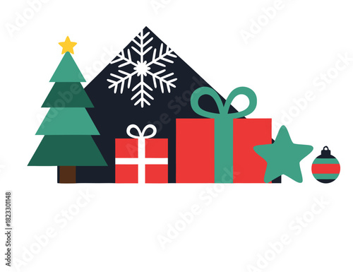 Spread holiday cheer with this charming collection of Christmas gifts, a festive tree, and a delightful snowflake for a warm and inviting winter season