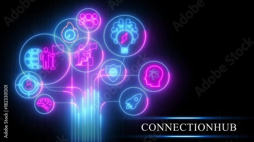 Neon Connection Hub Tree with Business and Technology Icons on Black Background network communication