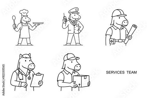Vector illustration set of horse characters working in different professions. 2026 Year of the Horse mascot icons: Doctor, Delivery Worker, and Engineer. Minimalist line art style