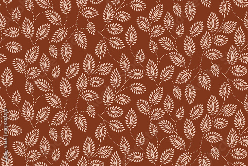A seamless ethnic boho pattern featuring leaf-shaped motifs in warm terracotta tones. Perfect for textiles, wallpapers, fabrics, home decor, stationery and surface pattern design.