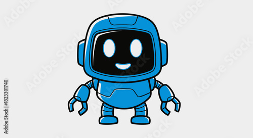 A blue cartoon robot with a friendly face, standing on a white background.