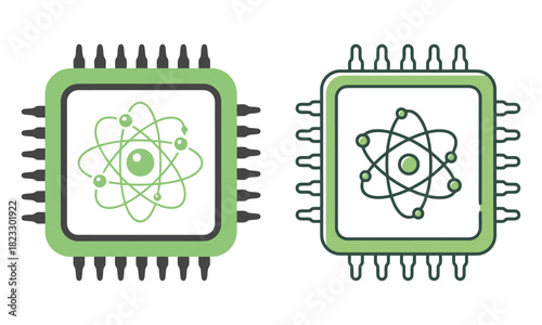 Quantum computing microchip icon set, artificial intelligence chip.